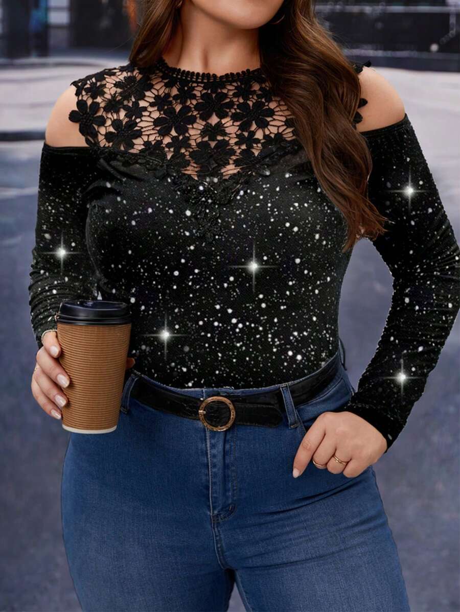 SHEIN Clasi Camisa ajustada de hombros caídos con encaje de contraste, elegante para otoño, talla grande