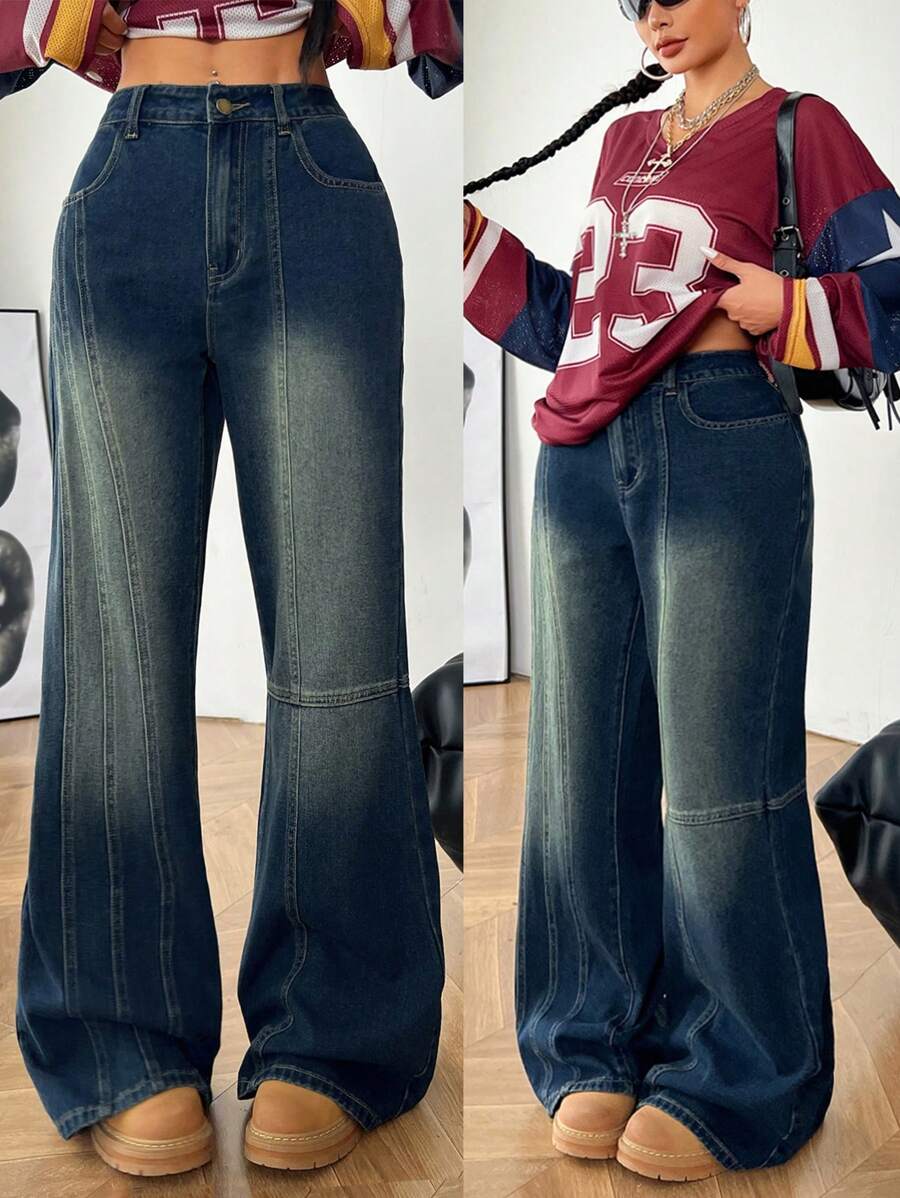SHEIN EZwear 女士秋冬工装基本款牛仔撞色滚边小喇叭裤 - 藍色 - 查看 1