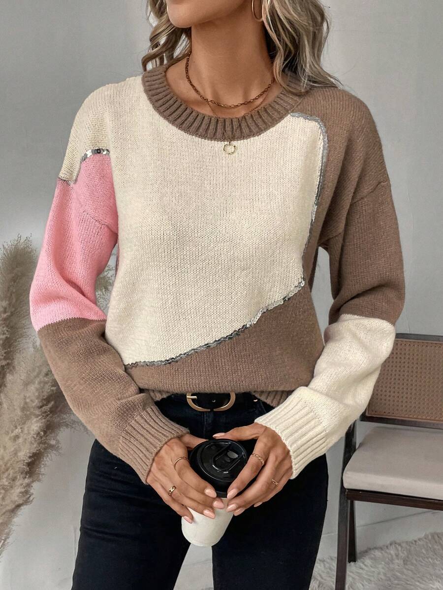 SHEIN LUNE Áo len cổ tròn tay dài phối sequin thời trang, thanh lịch, thích hợp cho đi chơi, dự tiệc và những hoạt động thường ngày mùa thu đông. - Nhiều màu - Xem 1