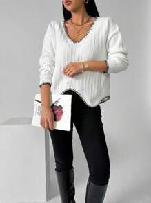 Chiquease Suéter holgado de mujer con cuello en V profundo, mangas largas y hombros caídos, de punto, para otoño e invierno - Blanco y Negro - Ver 6