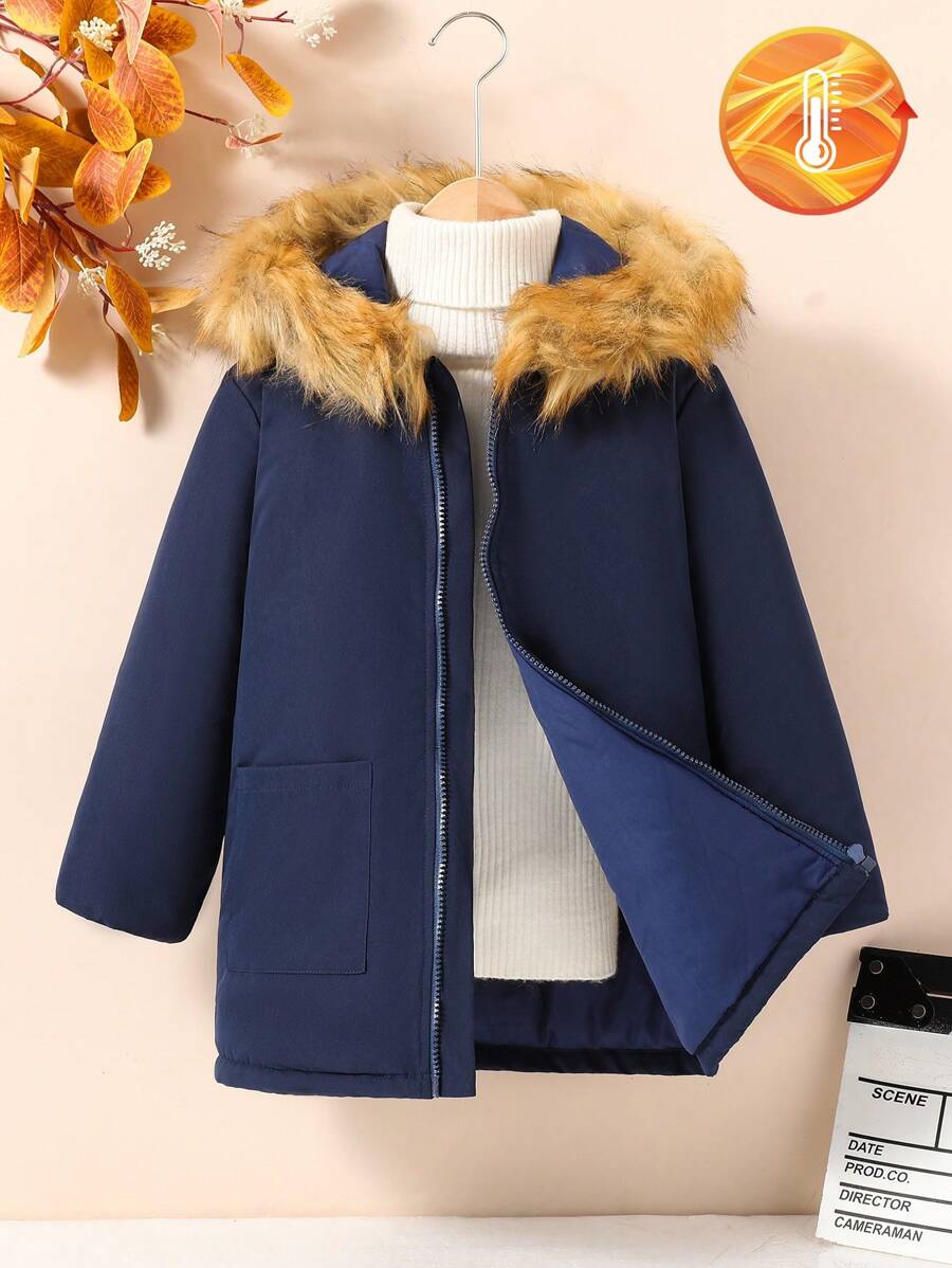 Young Boy Casual Warm Thermal Lined Hooded Padded Coat,Suitable For Autumn And Winter - Navy Blue - View 1