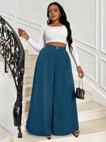 Maweii Quần ống rộng xếp ly màu trơn cỡ lớn - Màu xanh ngọc - Xem 5