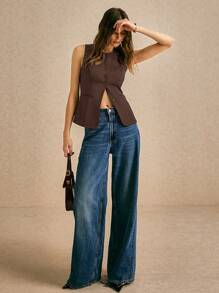 Poéselle Blusa casual de mujer de unicolor, cuello redondo, botones delanteros, sin mangas