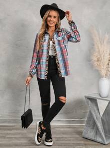 SHEIN LUNE Casual kleurrijk geruit overhemd met patchworkprint voor dames