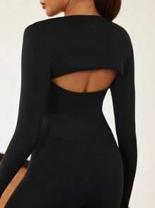 SHEIN Sports Conjunto de activewear con mono ajustado de unicolor minimalista elástico y top de manga larga con orificio para el pulgar para mujeres - Negro - Ver 2