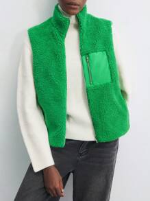 Maija Women Green Solid Color Fluffy & Teddy Sherpa Front Zipper Sleeveless Patchwork Collar Christmas Outerwear Casual Vest