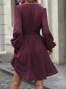 EMERY ROSE Robe élégante courte femme, col V couleur unie, manches lanternes avec nœud à la taille, automne - Bordeaux - Voir 2