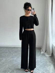 Chiquease 2 piezas Conjunto informal de camisa abotonada de unicolor y pantalones con cintura elástica, otoño - Negro - Ver 4