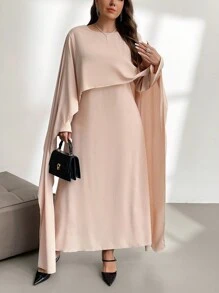 SHEIN Privé Plus Size Elegant & Vintage Taffeta Cape Poncho Jacket & Long Sleeve Straight Hem Dress Set, Autumn/Winter - Apricot - View 4
