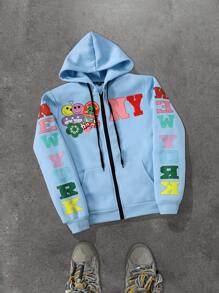 Manfinity EMRG Áo hoodie thêu hoạt hình mặt cười thời trang dạo phố cho nam màu xanh da trời - Màu xanh nhạt - Xem 5