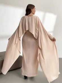 SHEIN Privé Plus Size Elegant & Vintage Taffeta Cape Poncho Jacket & Long Sleeve Straight Hem Dress Set, Autumn/Winter - Apricot - View 2