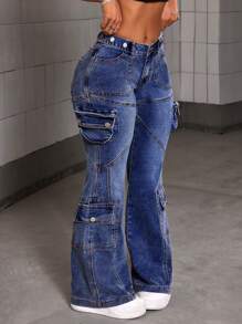SHEIN ICON Women's Casual Acid Wash Multi-Pocket Wide Leg Denim Cargo Jeans, Autumn - Dark Wash - View 5