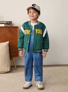 Cozy Pixies Young Girl Letter Print Color Block Casual Knitted Baseball Jacket - Green - View 8