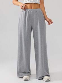 SHEIN SXY Fall Women Clothes;Women Elastic Waist Side Contrast Lace Wide Leg Loose Casual Pants Comfortable, Casual, Versatile And Fashionable, Gray Pants