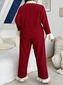 Snug Reverie Plus Size Two-Tone Ruffle Splice Bubble Chiffon Lapel Long Sleeve Top & Pants Pajama Set, Cozy Outfits, Fall Winter Clothes - Burgundy - View 3