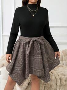 SHEIN LUNE Vestido de talla grande para mujer con cuello de tortuga asimétrico negro a cuadros, vestido de invitada de boda de otoño