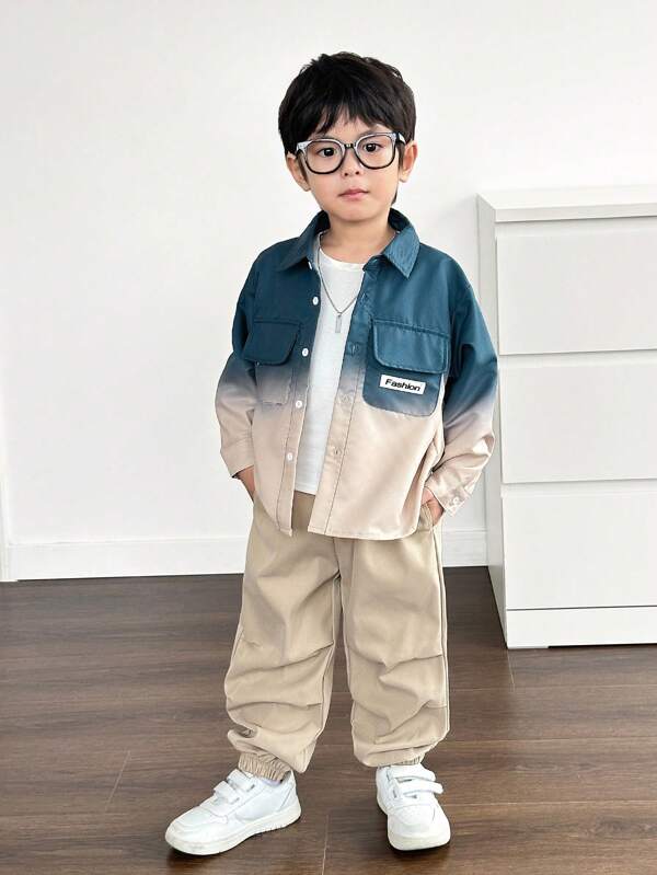SHEIN Atuendo Casual Para Niños Con Camisa De Manga Larga Con Estampado Degradado Y Pantalones Tejidos De Ajuste Holgado