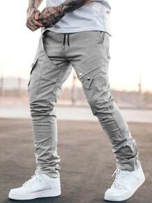 Manfinity LEGND 男士休闲多口袋抽绳腰工装裤，春秋装，秋季 - 淺灰色 - 查看 3