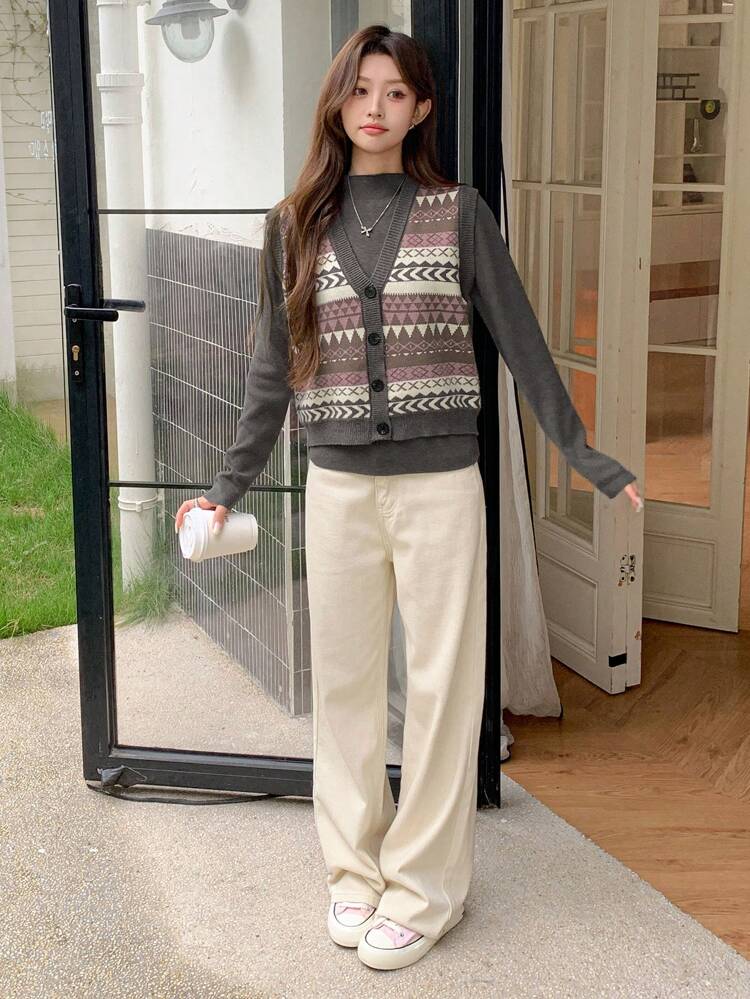 2pcs/Set Women's Solid Color Patchwork Front Button Long Sleeve Cardigan And Top, Sweet Knitted Sweater For Autumn/Winter,Fall Women Clothes