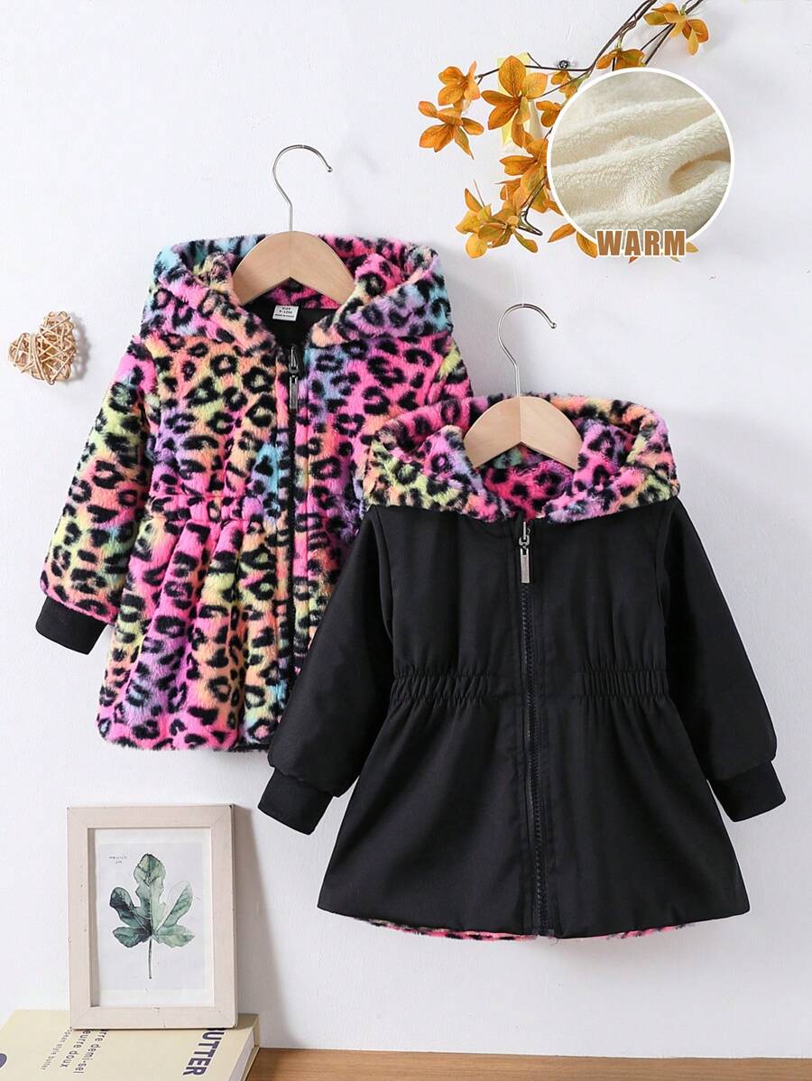 Baby Girl Leopard Patchwork Contrast Color Zipper Front Hooded Teddy Fleece Jacket, Fall/Winter - Black - View 1