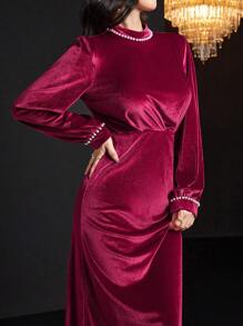 Modelyn 女士天鹅绒复古褶皱设计珍珠缀饰中长连衣裙长款晚礼服 - 紅色 - 查看 7