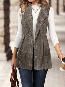 SHEIN Clasi 女士格纹无领无袖夹克，休闲日常穿着 - 咖啡棕 - 查看 3