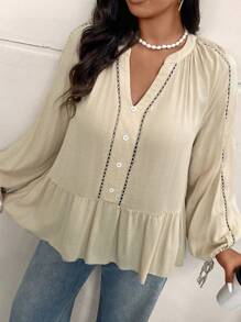 SHEIN Frenchy Plus Size Casual Ruffled Patchwork Smock A-Line Shirt - Apricot - View 6