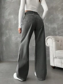 SHEIN Cottnline سراويل جينز نساء الفضفاضة ذات الساق العريضة، ذات سحاب، باللون الأسود، كاجوال - رمادي غامق - مشاهدة 2