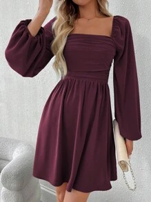 EMERY ROSE Gaun Wanita Elegan Warna Polos Kerah Persegi dengan Ikat Pinggang dan Lengan Lentera, Pakaian Musim Gugur untuk Wanita - Merah tua - View 6