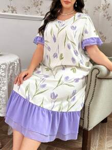 CottageSlumber Camisón largo de manga corta con estampado floral, bloques de color y doble volante en el bajo, talla grande, perfecto para vacaciones
