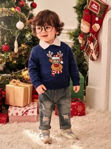 SHEIN Baby Boy Cartoon Print Casual Long Sleeve Sweater, Autumn/Winter, For Christmas - Royal Blue - View 7