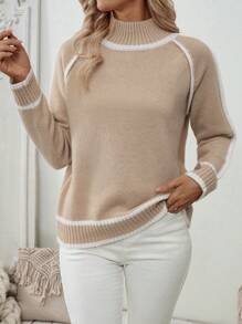 SHEIN LUNE Women Casual Loose Fit Contrast Color Stand Collar Raglan Sleeve Sweater, Autumn/Winter Knit Pullover Fall - Khaki - View 4