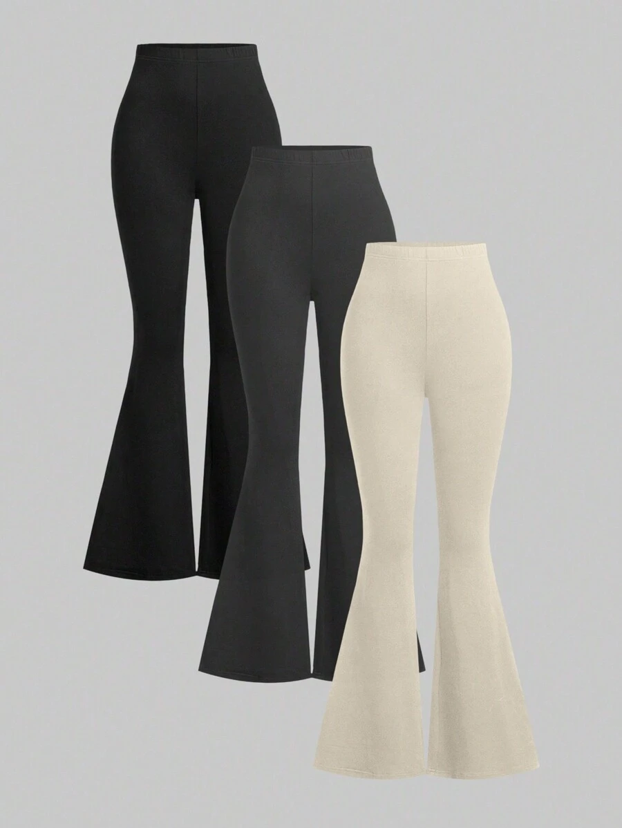 SHEIN EZwear 3 قطع بنطلون رسمي نسائي ذو خصر مطاطي ورجل جرس أنيق، مناسب للربيع والصيف والخريف - متعدد الألوان - مشاهدة 1