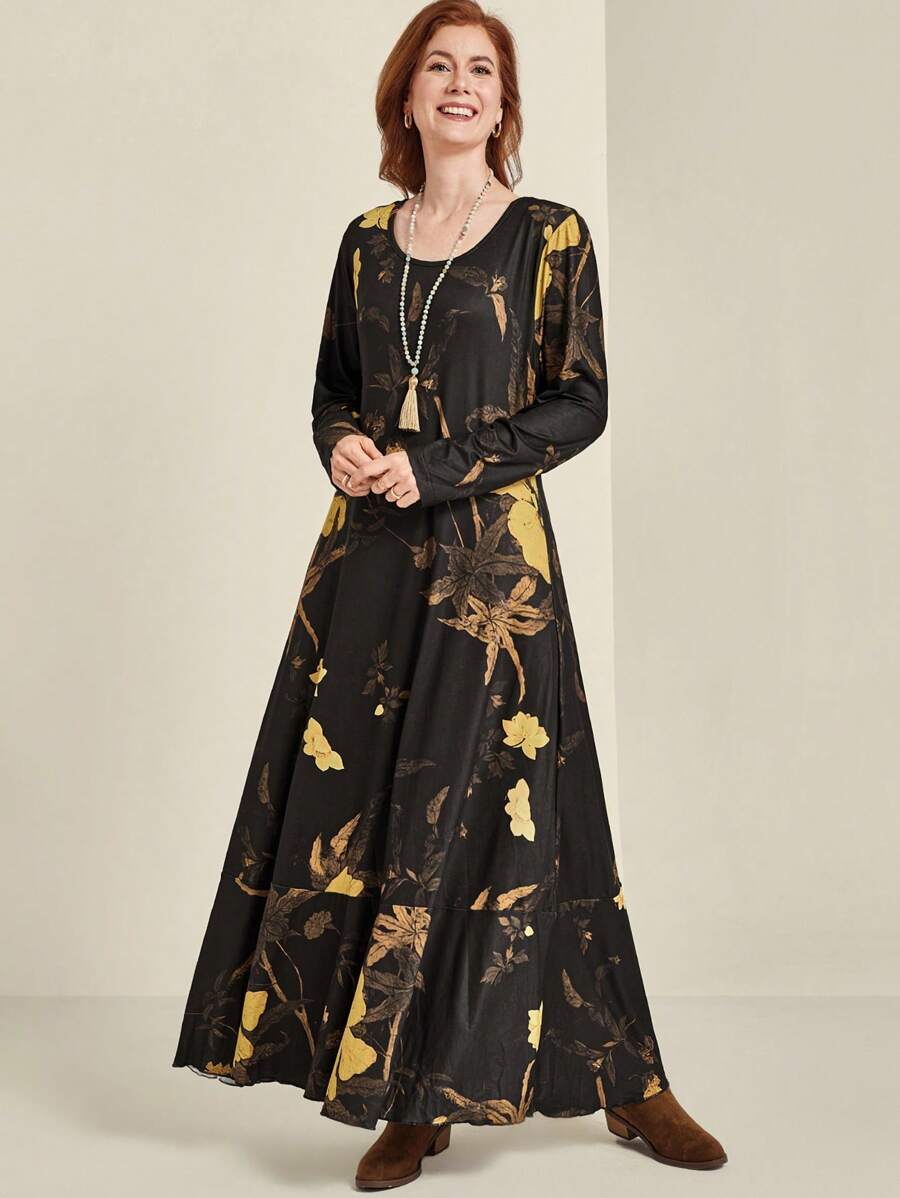 EMERY ROSE Plus Size Women's Digital Print Round Neck Long Sleeve Knitted Dress, Autumn/Winter Maxi Women Outfit