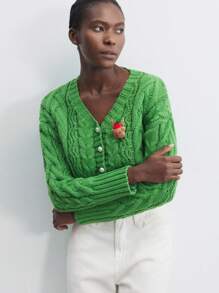 Maija 女士休闲绿色圣诞鹿珍珠纽扣前短款开衫，百搭长袖针织毛衣，适合秋冬季 - 綠色 - 查看 3
