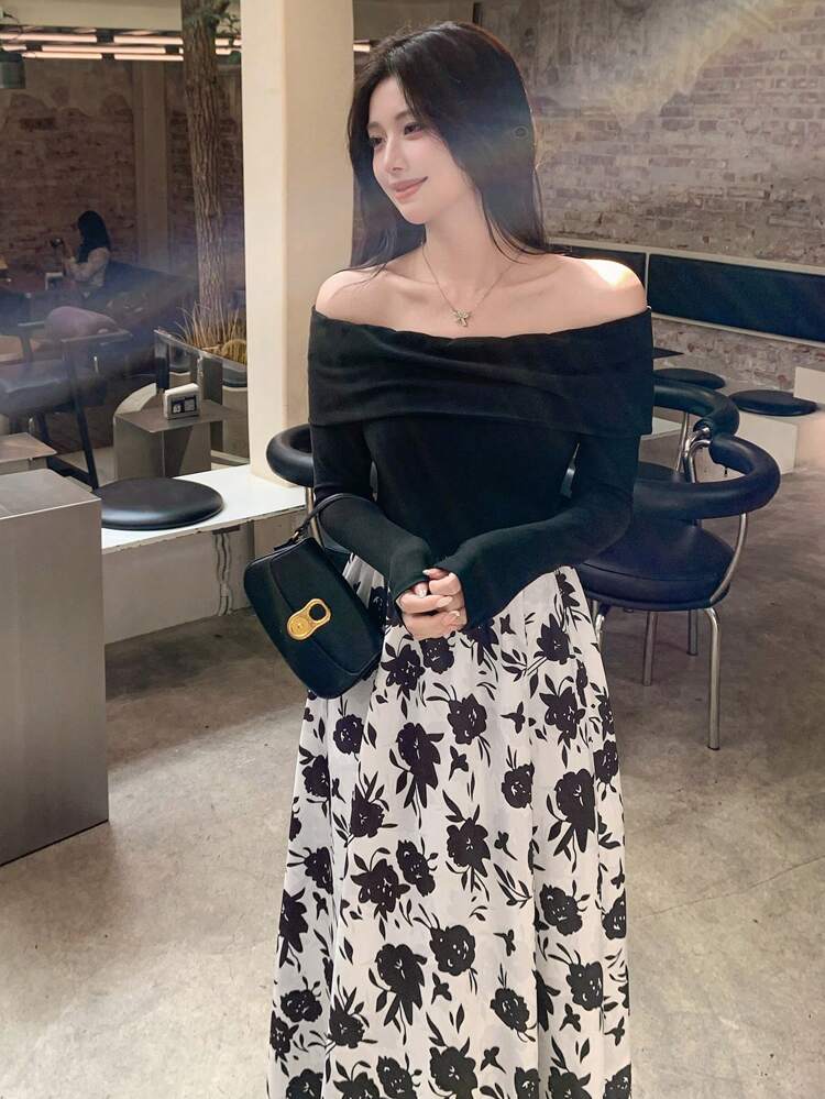 Women's Elegant Color Block Floral Print Off Shoulder Long Dress, Autumn,Fall Women Clothes