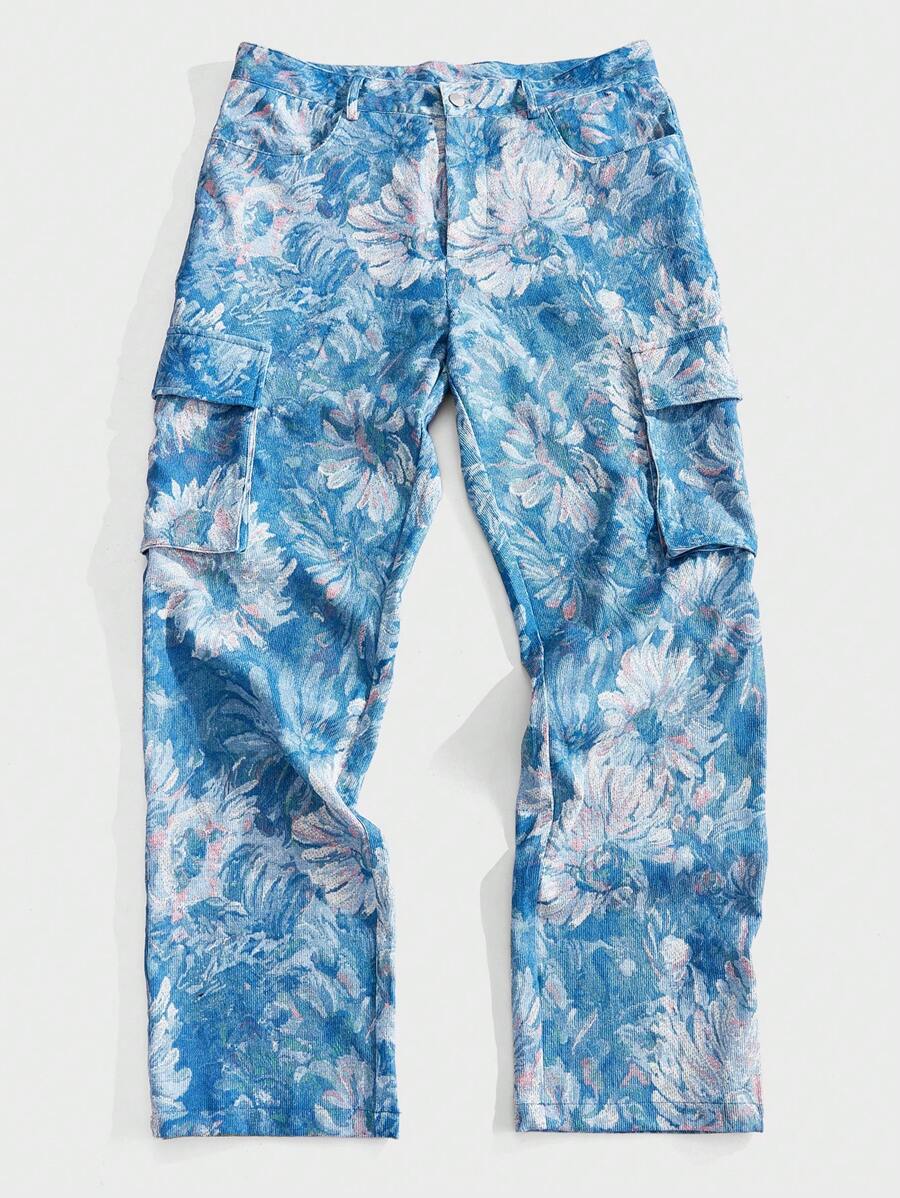 Forever 21 男士梭织拼色提花宽松花卉工装裤 - 藍色 - 查看 1