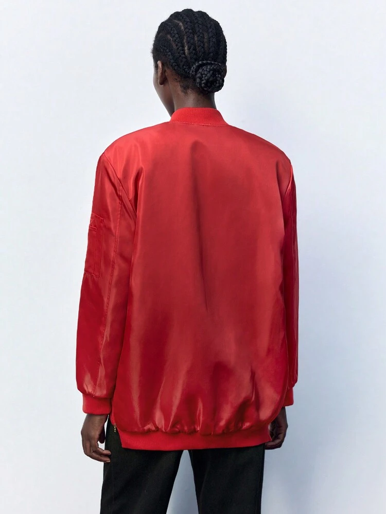 SHEIN Maija Women Red Solid Color Stand Collar Zip Front Casual Baseball Bomber Flight Jacket With Lining, Autumn Season