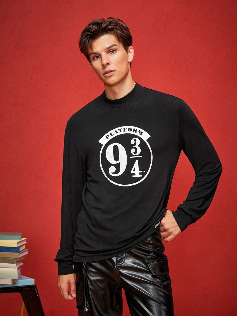 HARRY POTTER X SHEIN Bộ áo thun cổ lọ tay dài in họa tiết đế xuồng cổ điển "9 3/4" cho nam (2 màu) - màu đen - Xem 1