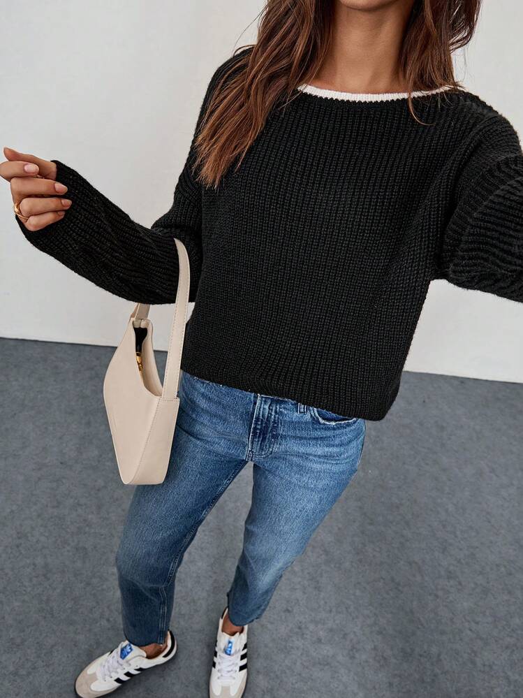 SHEIN ChicEase Nuevo suéter de punto de corte ajustado con estilo casual europeo y americano, hecho a mano con estampado de mariposa y floral, prenda de punto de moda para otoño/invierno - Blanco y Negro - Añade 6