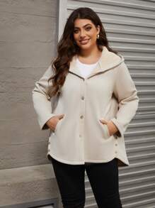 Mulvari Plus Size Casual Front Button Hooded Coat, Autumn Fall Clothes - Beige - View 3