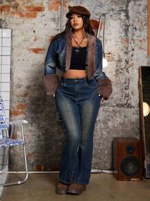 SHEIN ICON Plus Size Contrast Color Fuzzy Patchwork Cropped Christmas Thanksgiving Denim Jacket, Autumn - Blue - View 3