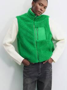 Maija Women Green Solid Color Fluffy & Teddy Sherpa Front Zipper Sleeveless Patchwork Collar Christmas Outerwear Casual Vest