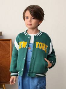 Cozy Pixies Young Girl Letter Print Color Block Casual Knitted Baseball Jacket - Green - View 7