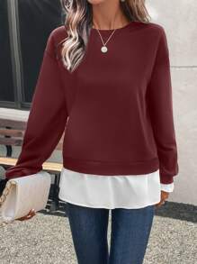 SHEIN LUNE Women's Casual Color Block 2 In 1 Pullover Sweatshirt Fall - Burgundy - View 5