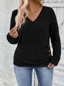 INAWLY Plus Size Women's Solid V-Neck Long Sleeve Button Simple T-Shirt, Casual Daily Wear Fall Cloth For Women - Black - View 5