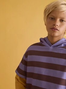 SHEIN Tween Boy Casual Striped Contrast Color Hooded Long Sleeve Loose Pullover Sweatshirt, Autumn/Winter - Multicolor - View 3
