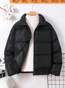 SHEIN Leap Crew معطف ثخين بياقة عالية فضفاض ذو تصميم مبسط مبطن مناسب للفتيان المراهقين، مناسب للتنقل والمدرسة والأنشطة اليومية والرياضة في فصل الخريف/الشتاء - الأسود - مشاهدة 1
