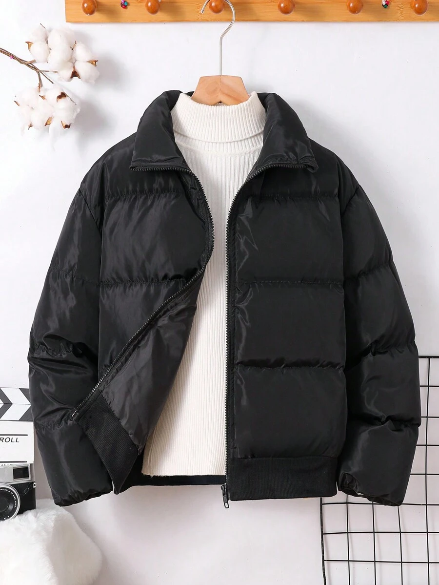 SHEIN Leap Crew معطف ثخين بياقة عالية فضفاض ذو تصميم مبسط مبطن مناسب للفتيان المراهقين، مناسب للتنقل والمدرسة والأنشطة اليومية والرياضة في فصل الخريف/الشتاء - الأسود - مشاهدة 1
