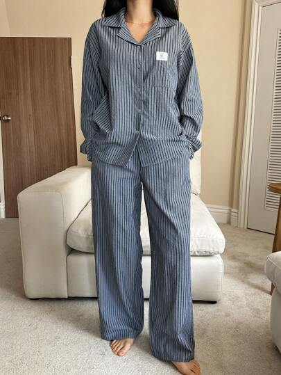 DAZY 简约条纹刺绣装饰睡衣套装，秋冬服装